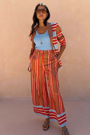 Wide-leg Multi Stripe Marnie Trousers with a satin-esque finish, styled with a matching blazer for feel good dressing.