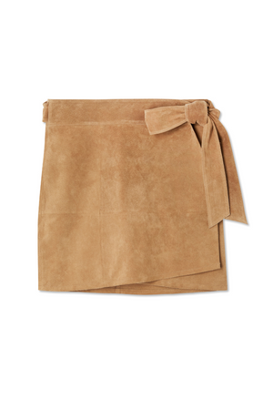 Tan Suede Mini Jaspre Skirt featuring a wrap waist and multi-wear tie detail.