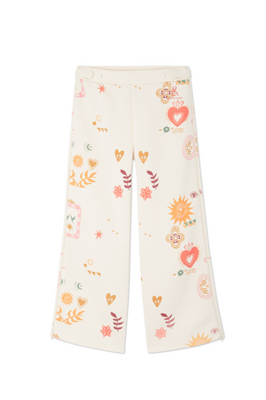Cream Sundazed Wide Leg Accessible Joggers featuring an iconic motif print and adjustable side zips.