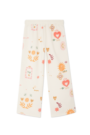 Cream Sundazed Wide Leg Accessible Joggers featuring vibrant sun, heart and star motifs in a relaxed fit.