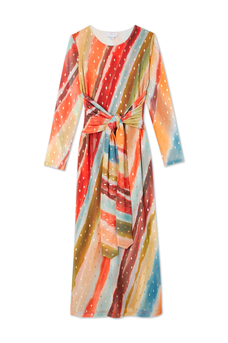 Sunset Stripe Mesh Midi Dress in a multicoloured stripe print with metallic gold dots and a wrap tie waist.
