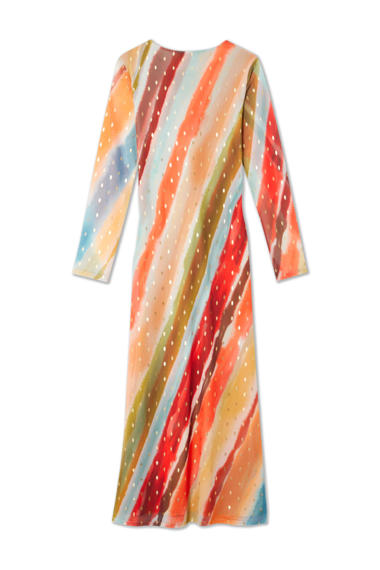 Sunset Stripe Mesh Midi Dress featuring vibrant multicoloured diagonal stripes and gold metallic foil dots.