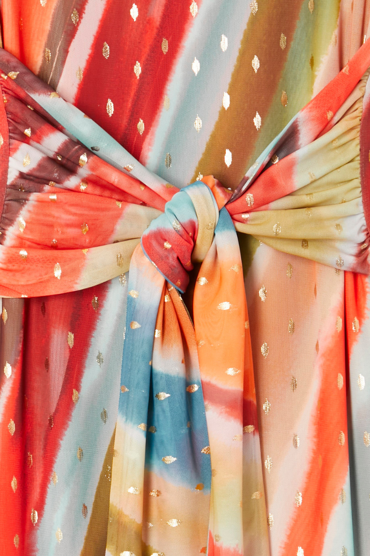 Sunset Stripe Mesh Midi Dress tie waist detail with gold foil accents on multicoloured mesh fabric.