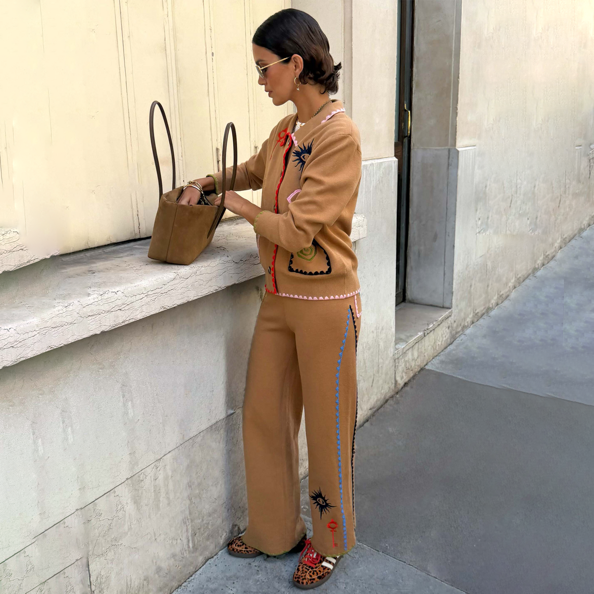 Tan Wide Leg Knit Joggers