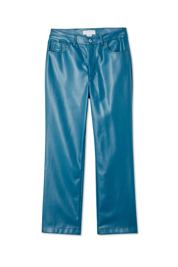 Pantaloni verde petrolio in pelle vegana a gamba dritta con design a cinque tasche e logo ricamato.
