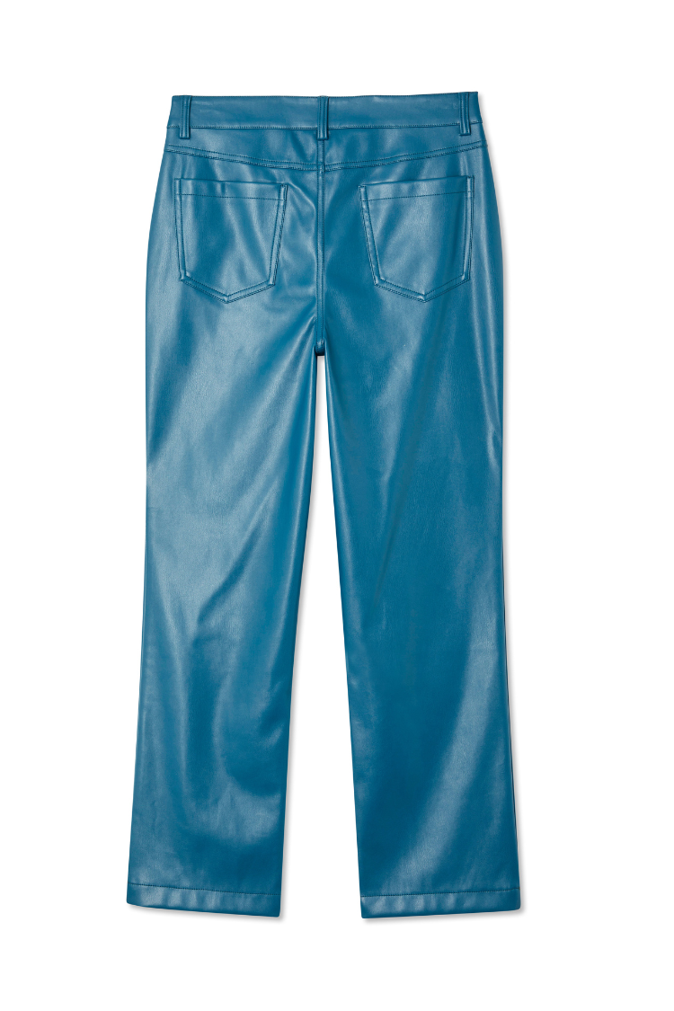 Pantaloni a gamba dritta in pelle vegana ottanio, vista posteriore con dettagli delle tasche e finitura liscia.