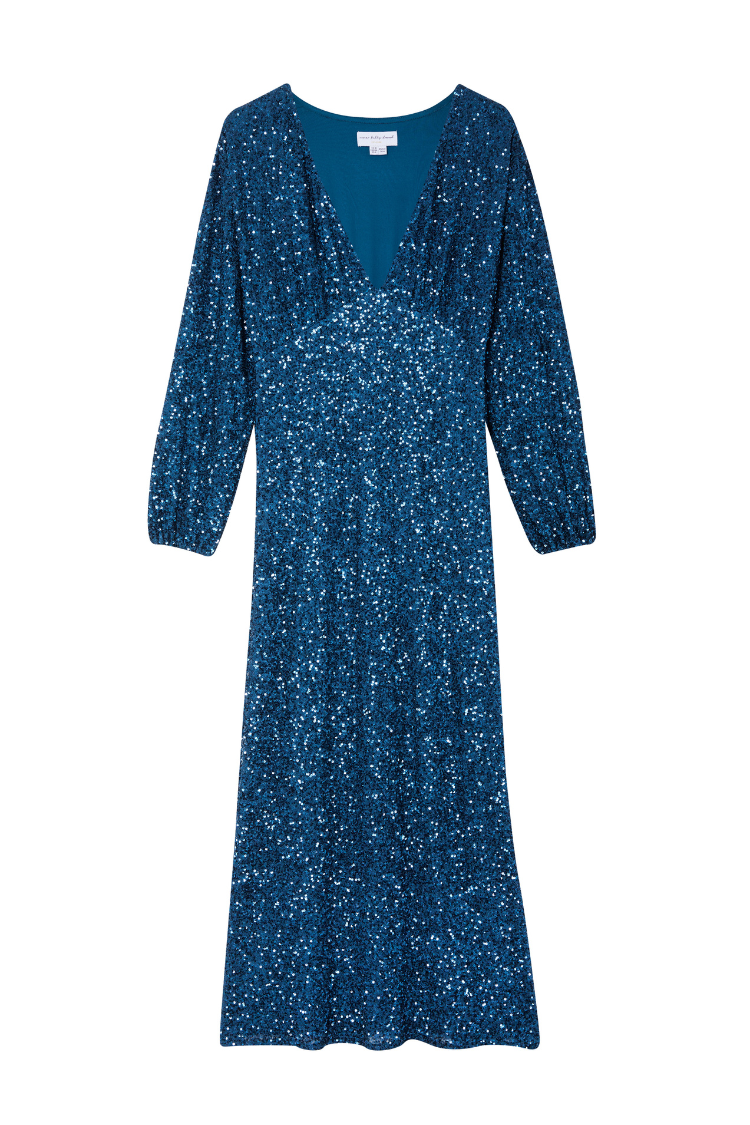Teal Sequin Emma Dress featuring a V-neckline, long sleeves, and an elasticated waist in a midi length.