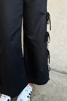 Thumbnail for caption_Model wears Black Cotton Linen Tie Side Trousers  in UK size 10/ US 6