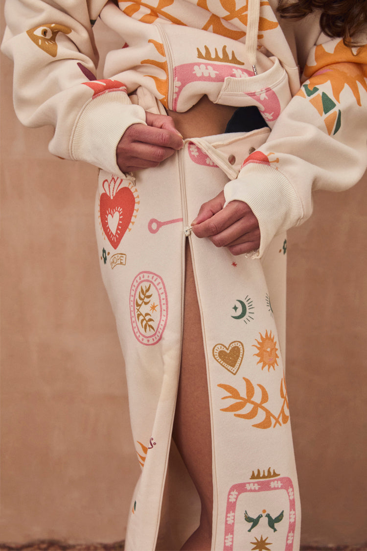 Cream Sundazed Wide Leg Accessible Joggers with iconic motifs, highlighting the side zip for accessibility.