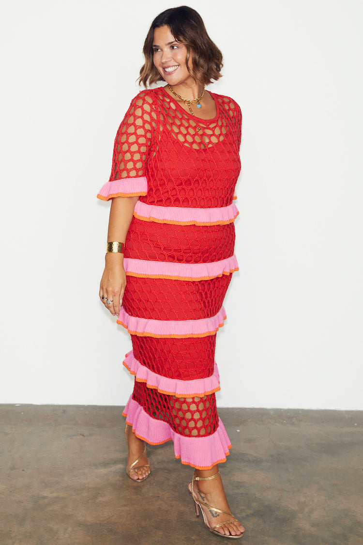 caption_Model wears Red Crochet Valentina Dress in UK size 18/ US 14