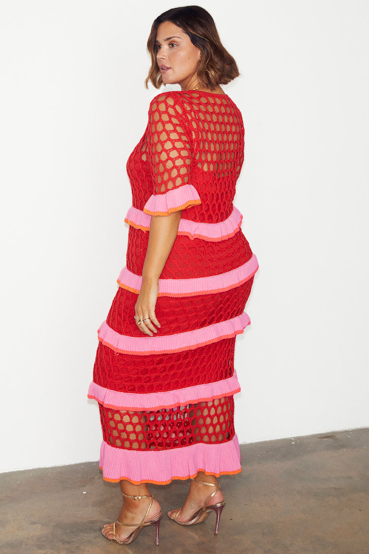 caption_Model wears  Red Crochet Valentina Dress in UK size 18 / US 14