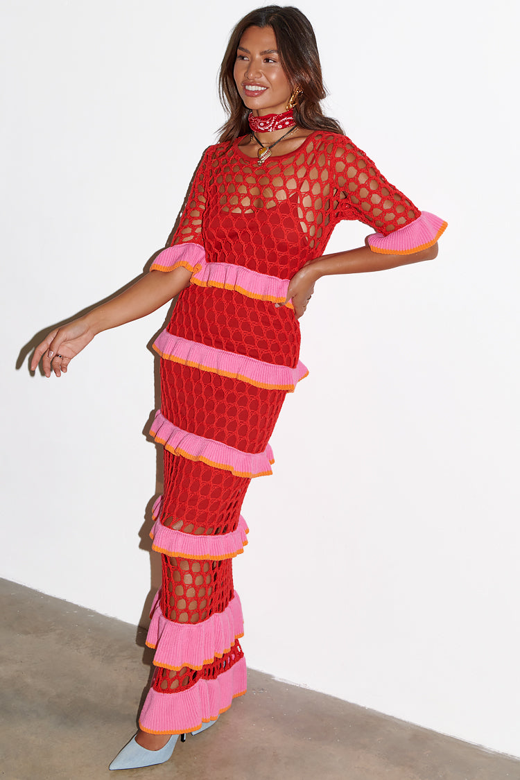 caption_Model wears Red Crochet Valentina Dress in UK size 10/ US 6