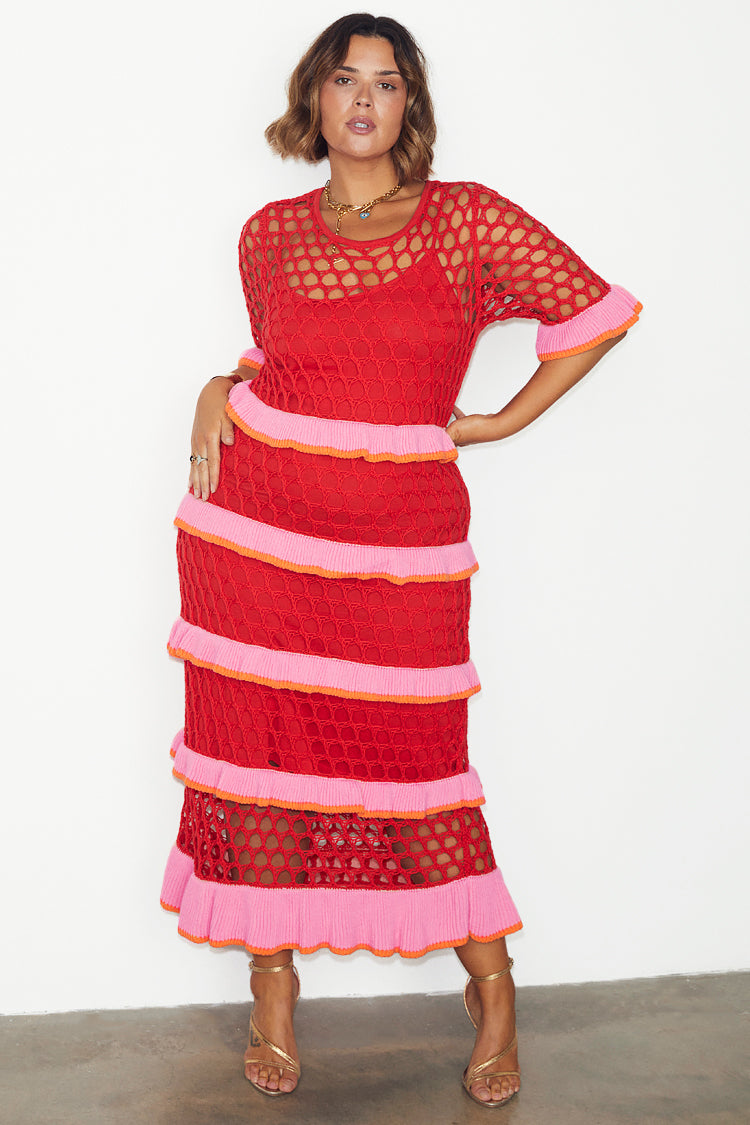 caption_Model wears Red Crochet Valentina Dress in UK size 18/ US 14