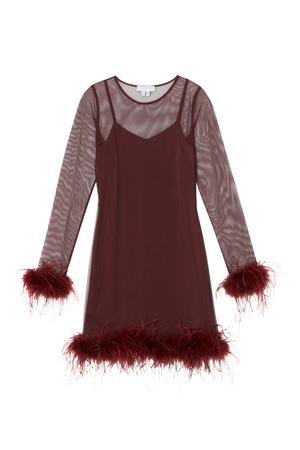 Wine Mesh Feather Mini Dress with long sheer sleeves and detachable feather trims at the cuffs and hem.