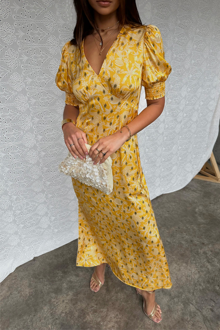 caption_Model wears Yellow Mosaic May Dress in UK size 10/ US 6