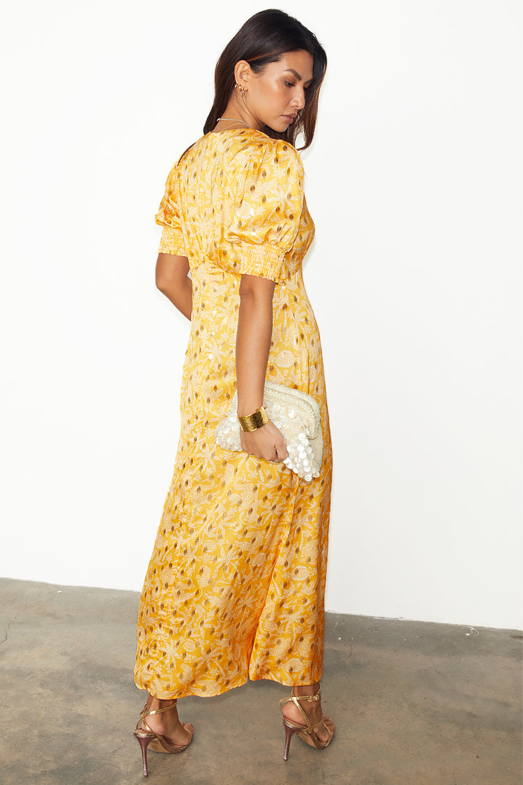 caption_Model wears Yellow Mosaic May Dress in UK size 10/ US 6
