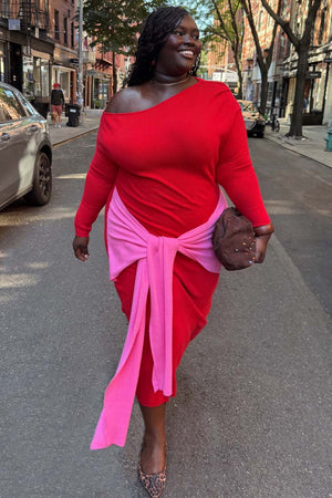 Red and Pink Afia Midi Dress in a knit with an off-the-shoulder neckline and wrap tie, showing inclusive sizing.