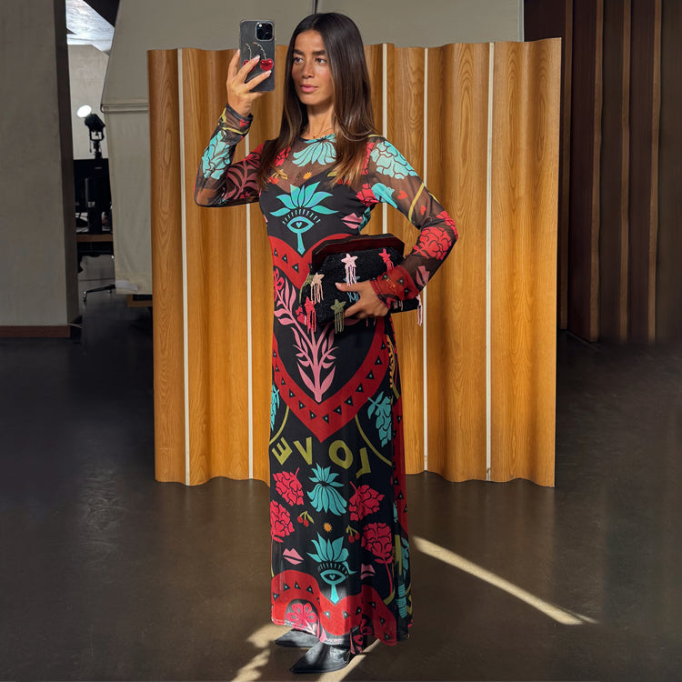 Never Fully Dressed Black Amara Mesh Dress | Print | Size 4