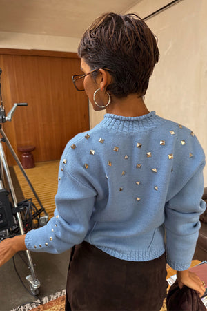 Ice Blue Studded Cardigan with silver studs on the back and sleeves, designed in London.