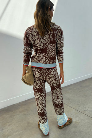 Chocolate Bandana Wide Leg Trousers in a brown knit co-ord with an iconic print and contrast blue hems.