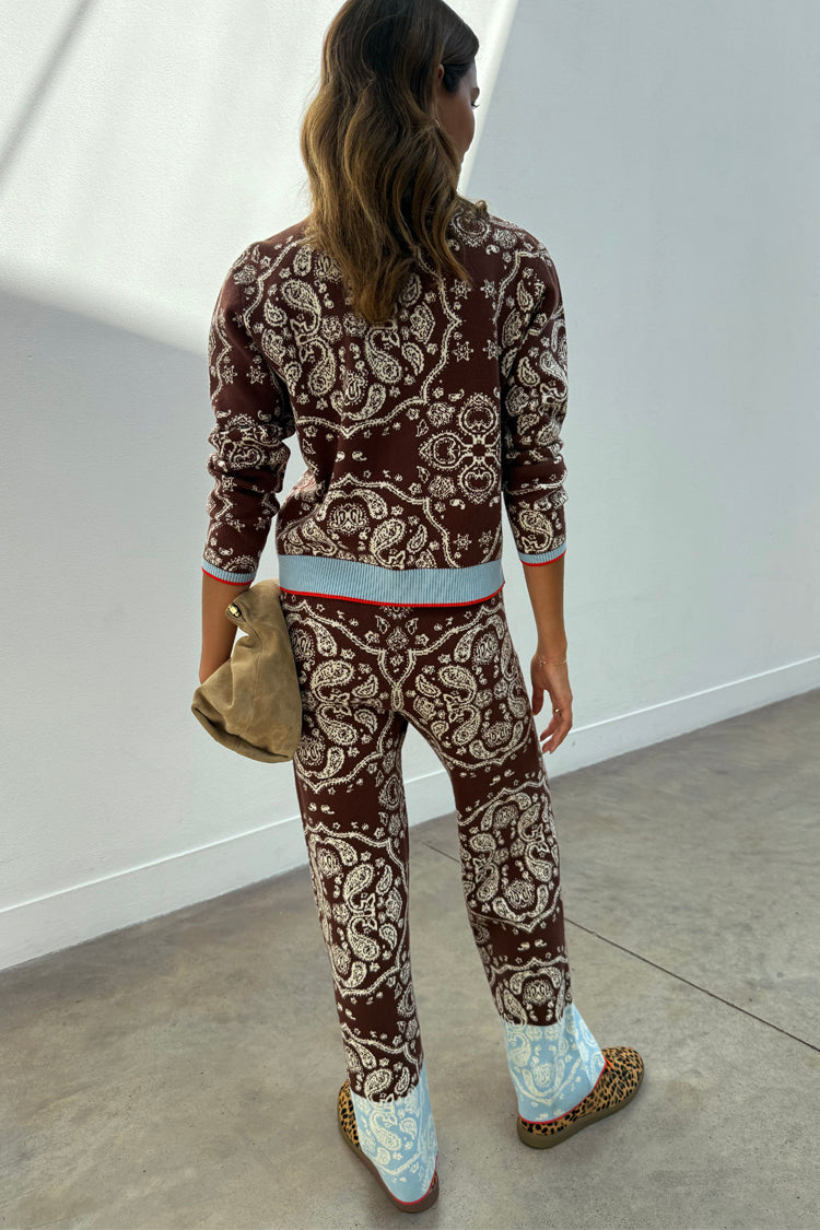 Chocolate Bandana Wide Leg Trousers in a brown knit co-ord with an iconic print and contrast blue hems.