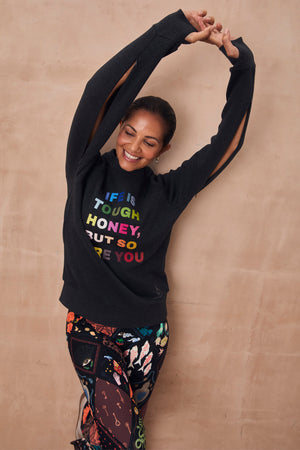 Charcoal NFD x Porto & Bello sweatshirt with rainbow slogan embroidery and functional sleeve zips.