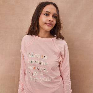 Pink Life is Tough long sleeve accessible t-shirt with motif print and concealed zips for treatment access.