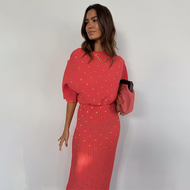 pink dress women's plus size Women Plus Size Solid Pink Dobby Weave Square Neck Thigh-High Slit Fit &  Flare Maxi Dress main image 1