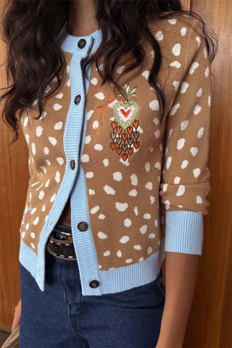 Tan deer print Hollie knit cardigan with light blue ribbed trim and a colourful heart embroidery.