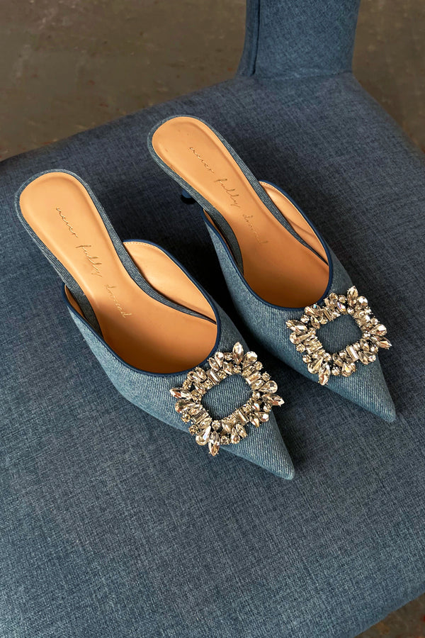 Embellished Denim City Mules Never Fully Dressed