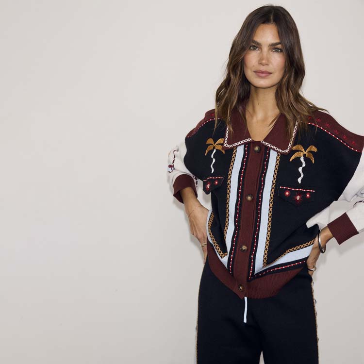 Geometric Knit Cardigan in autumnal tones with palm motif embroidery and blanket stitch trim, paired with joggers.