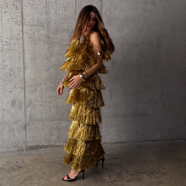 Women's Gold Fringe Dress in Gold - Size 8 - NFD Outlet Women's Gold Fringe Dress in Gold - Size 8 - NFD Outlet