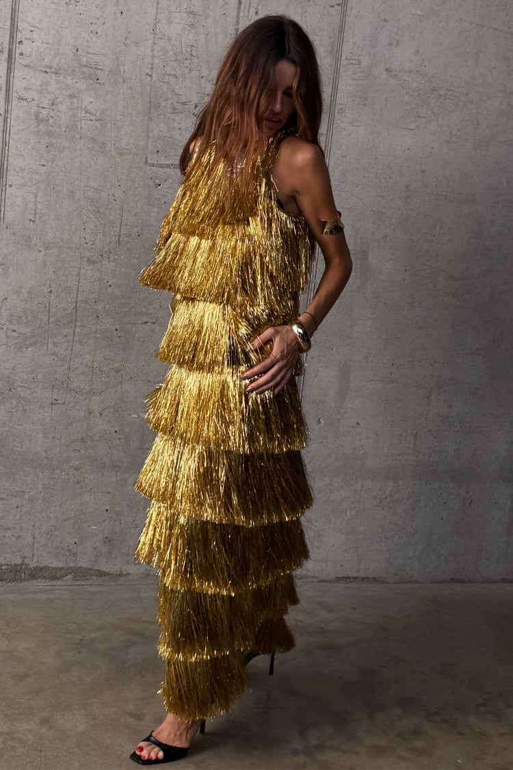 Gold Fringe Dress featuring tiered gold foil tassels and a midaxi length for a partywear look.