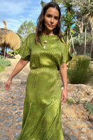 Thumbnail for caption_Model wears Green Jacquard Midi Erin Dress in UK size 14/ US 10