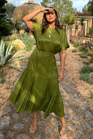 Thumbnail for caption_Model wears Green Jacquard Midi Erin Dress in UK size 14/ US 10