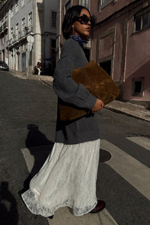 Grey Knit Jumper Dress featuring a cream sheer lace skirt, styled with a brown suede bag for a London street look.