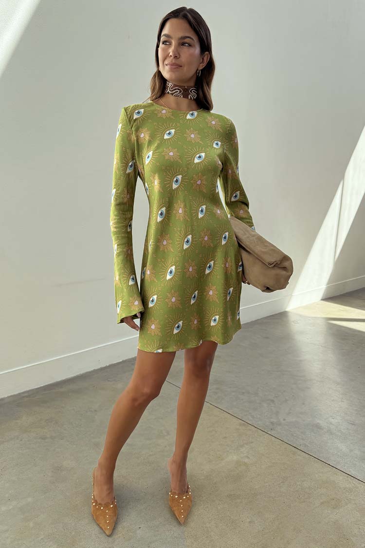 Khaki Eye Mini Soho Dress Petite in green with an iconic eye print, flared sleeves and an hourglass silhouette.