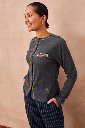 Charcoal Life is Tough Honey T-Shirt featuring multicoloured slogan embroidery and accessible button fastening.