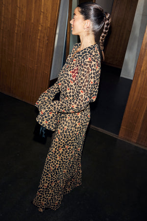 Cherry Leopard Mia Dress in leopard print with red cherry accents, a shirt style top and maxi length.