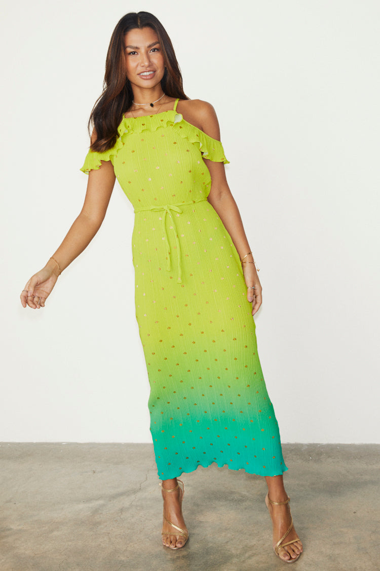 caption_Model wears Lime Ombre Plisse Claudia Dress in UK size 10/ US 6