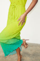 Thumbnail for caption_Model wears Lime Ombre Plisse Claudia Dress in UK size 10/ US 6