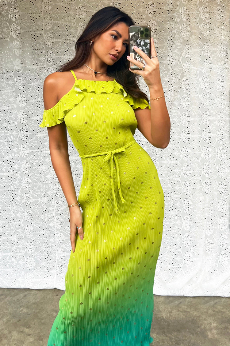 caption_Model wears Lime Ombre Plisse Claudia Dress in UK size 10/ US 6