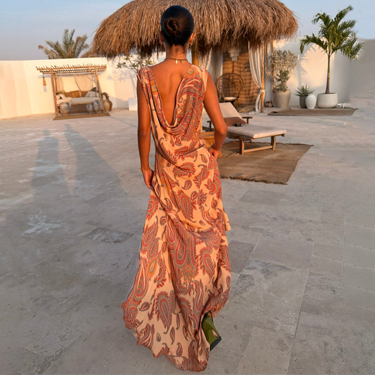Paisley Ava Dress - Bias-Cut Maxi with Cowl Back
