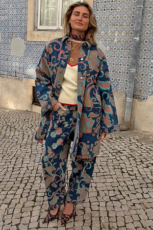 Blue Denim Paisley Barrel Leg Jeans and matching shacket featuring a multi-coloured print for a London street style look.