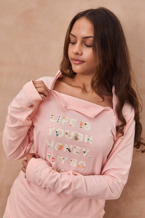 Pink Life is Tough Long Sleeve Accessible T-Shirt featuring a concealed neckline zip for treatment access.
