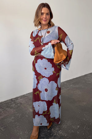 Burgundy & Blue Poppy Aria Dress in sheer mesh with a large floral print and flared sleeves for inclusive sizing.