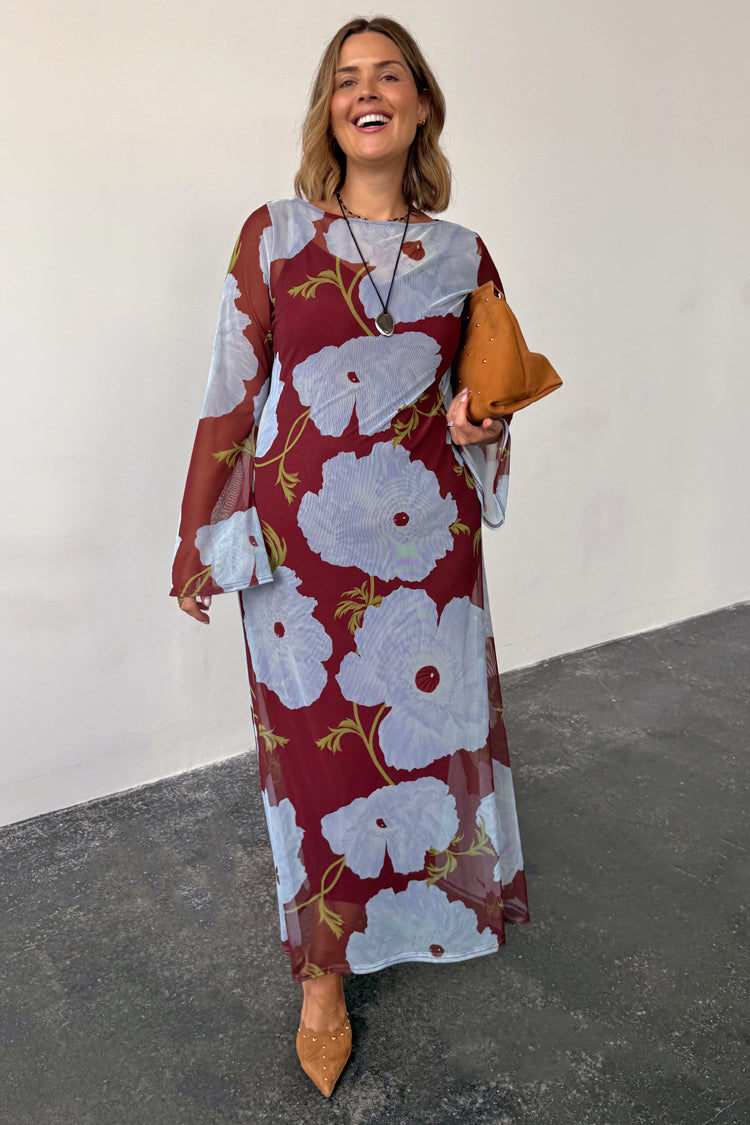 Burgundy & Blue Poppy Aria Dress in sheer mesh with long sleeves, highlighting inclusive sizing.