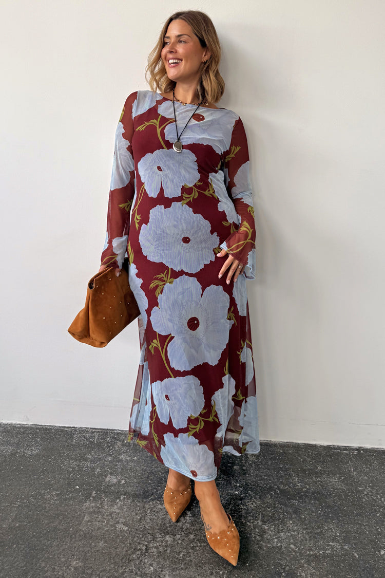 Burgundy & Blue Poppy Aria Mesh Dress with a poppy print and sheer long sleeves, styled with brown accessories.