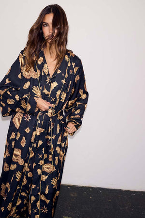 Deloris Satin Robe in black with gold hand, heart and eye motifs, featuring a waist tie fastening.