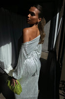 Thumbnail for caption_Model wears Silver Plisse Jaspre Wrap Skirt in UK size 10/ US 6
